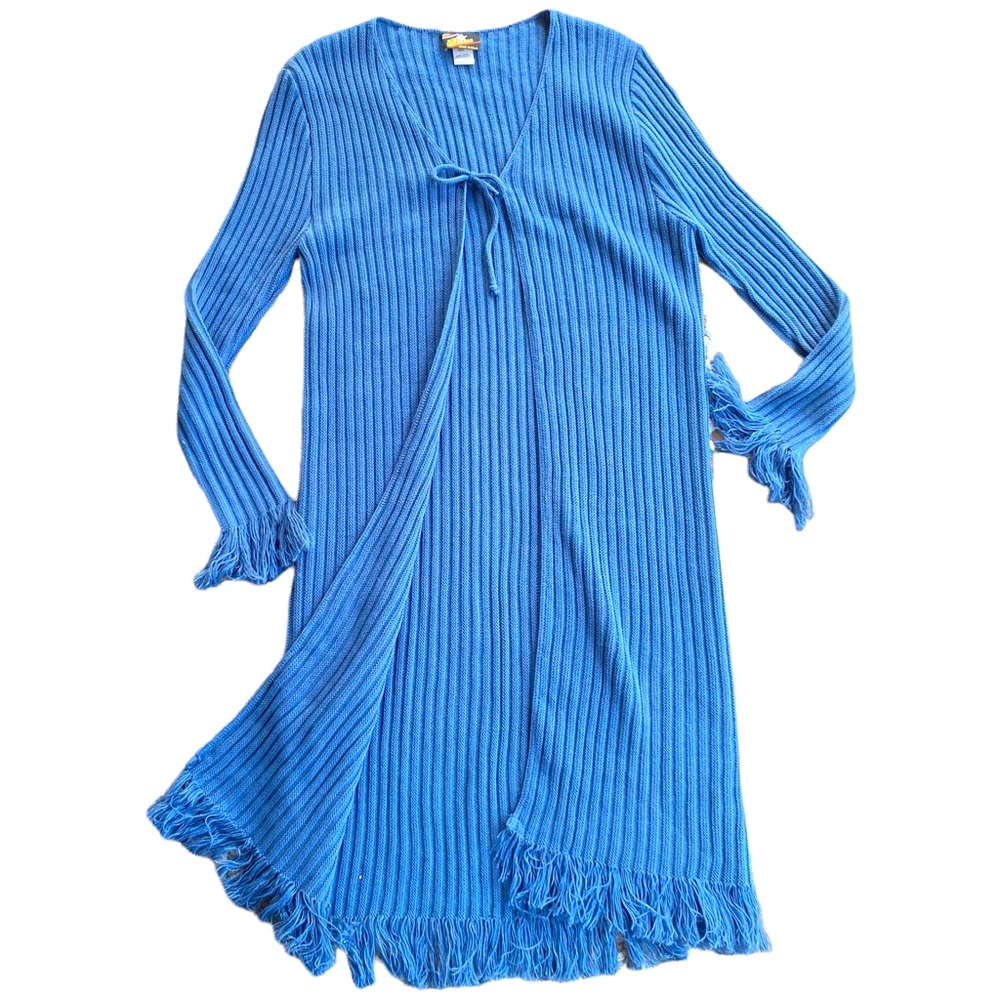 Vintage 90s LA Express Blue Duster Cardigan Sweater Maxi Length Tie Front